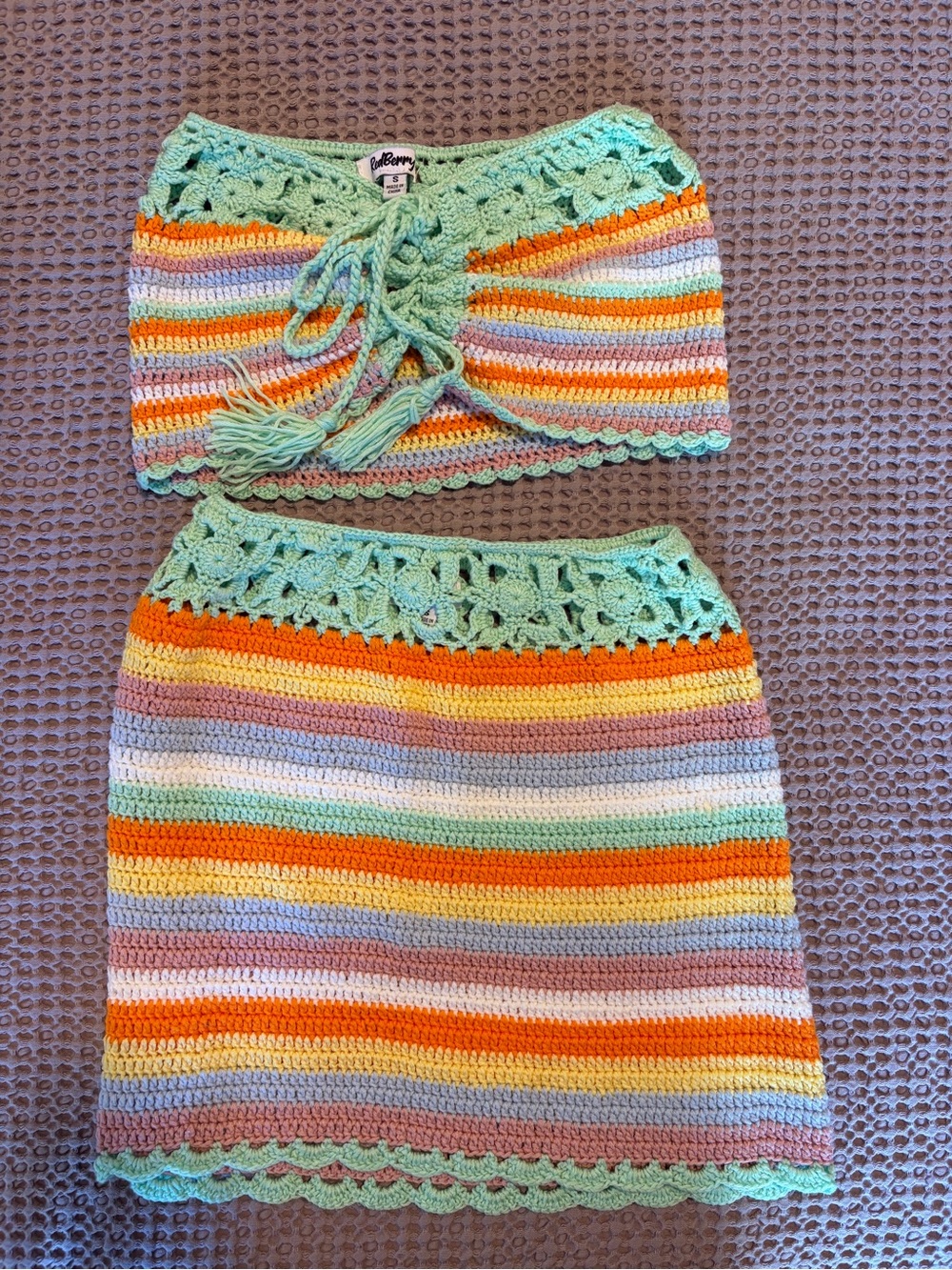Handcrafted Crochet Rainbow Mini Skirt Set - Mint Trim